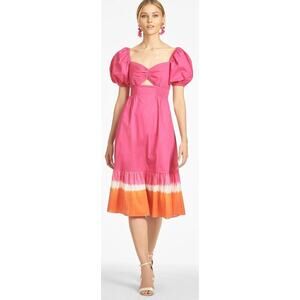 Sachin + Babi Bri Dress Puff Sleeve Summer Midi Tie Dye Fuchsia Orange Size 4